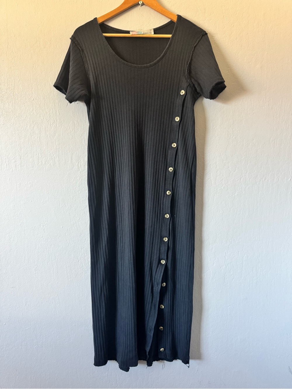 Free People Beach Ribbed Cotton Short-Sleeve Side-Button Midi Dress - Black